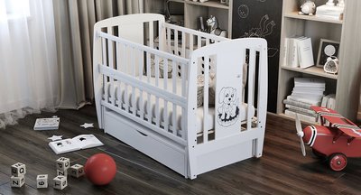 Детская кроватка для новорожденных ДУБОК Песик с ящиком маятник белая pesyk-biliy фото
