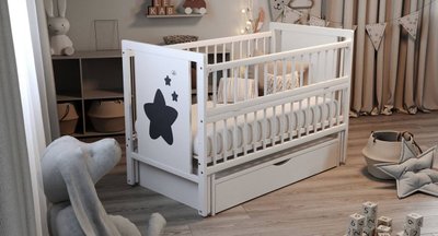 Дитяче ліжечко для новонароджених ДУБОК Зірочка з ящиком маятник, відкидний бік бук білий star-011 фото