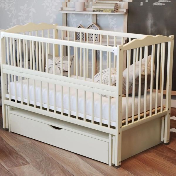 Дитяче ліжечко для немовлят ДУБОК Веселка з шухлядою маятник з відкидною боковиною бук біле veselka-2-bily фото