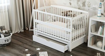Дитяче ліжечко для новонароджених ДУБОК Еліт з ящиком, маятник, відкидний бік бук білий elit2-011 фото
