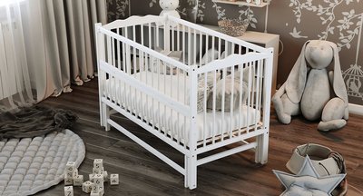 Дитяче ліжечко для немовлят ДУБОК Веселка без шухляди маятник з відкидною боковиною бук біле veselka-1-bily фото