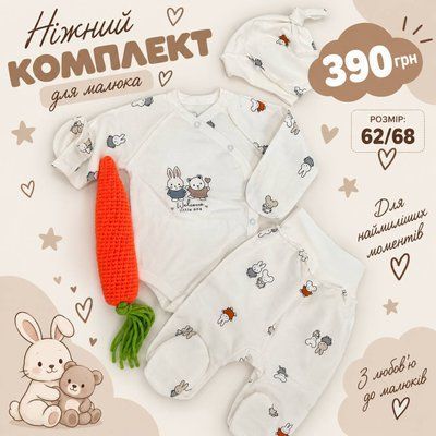 Ніжний комплект для малюка &laquo;Welcome Little One&raquo; (боді, повзунки, шапочка) 6558965 62 фото