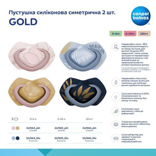 Пустышка Canpol babies Gold силиконовая симметричная 0-6 мес Голубая  22/664 фото